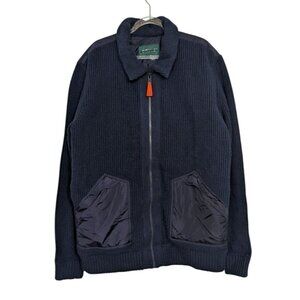 Orvis Ribbed Sweater Mens Size Large Blue Merino Wool Blend Collared Full Zip